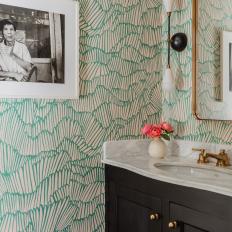 Contemporary Powder Room With Green Wallpaper