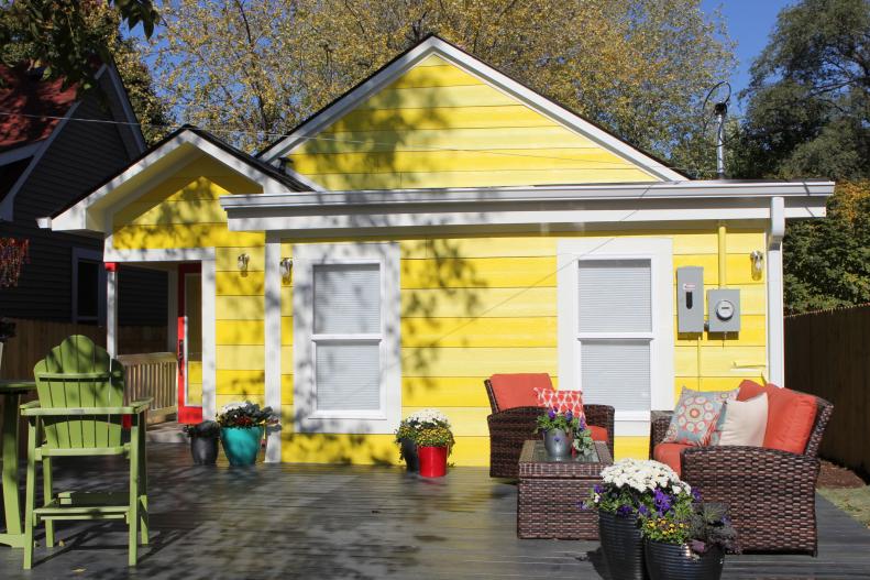 The beautiful fully renovated back-yard at Elm, as seen on Good Bones. (exterior, after)