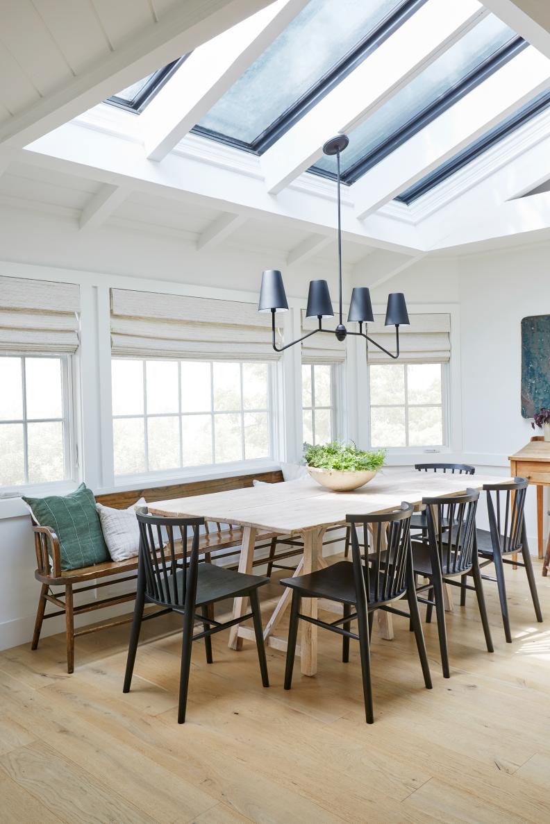 Contemporary Dining Room, Rustic Table, Bench, Four Skylights Above
