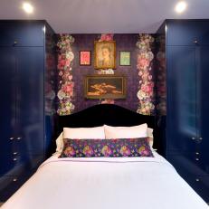 Floral Wallpaper in Bedroom With Large Lacquered Blue Cabinets