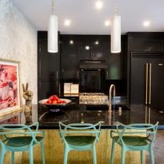 Black and Gold Kitchen with Eclectic Blue Bar Stools