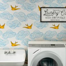 Blue Contemporary Laundry Room With Bird Wallpaper