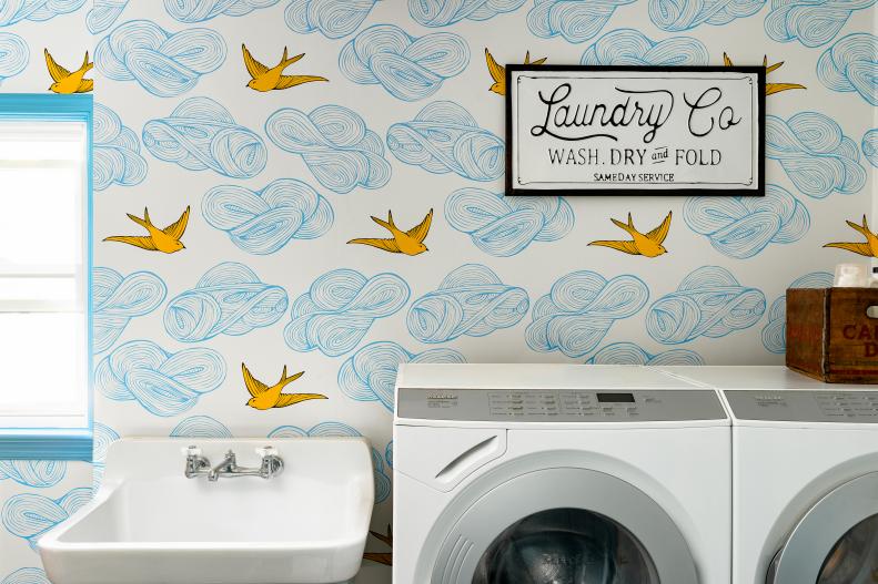 Laundry Room With Bird Wallpaper