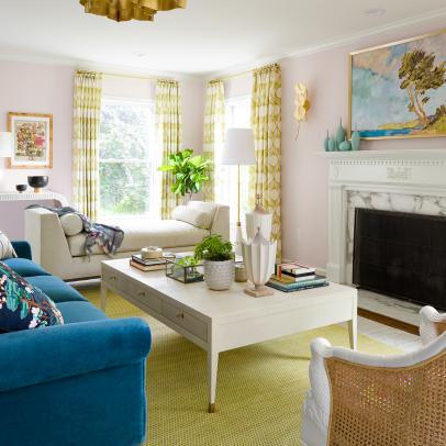 Multicolored Contemporary Living Room With Yellow Curtains