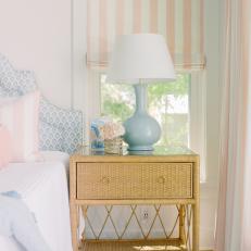 Blue and Pink Cottage Bedroom With Striped Shade