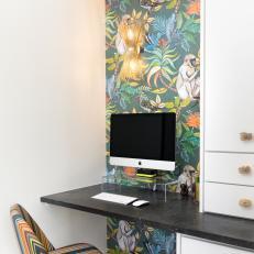 Built-In Marble Desk With Jungle Wallpaper