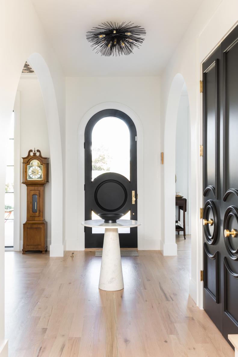 Black Front Door, Cabinets, Marble Entry Table, Black Modern Light