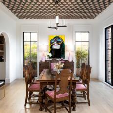 Transitional Dining Room With Wallpaper Ceiling
