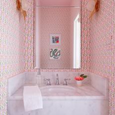 Cheery Patterned Pink Bathroom With Solid Floating Marble Vanity 