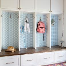 Bright Patterned Mudroom Cubbies With Gorgeous Painted Wood Tile