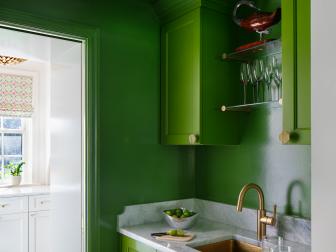 Breathtaking Bright Green Home Bar With Lacquered Paint and Wallpapered Ceiling
