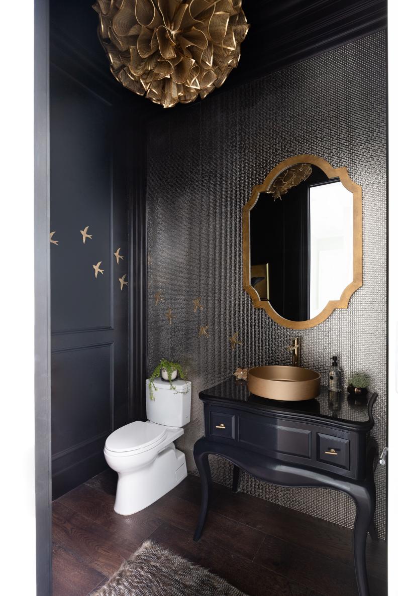Modern Gold Pendant Light, Black Walls in Small Bath, Bowl Sink