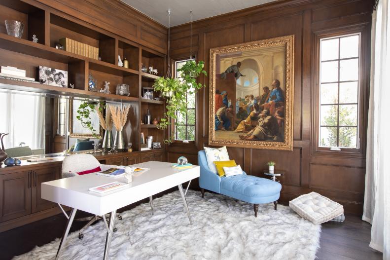 Wooden Study, Modern White Desk, Rug, Blue Chaise and Built-Ins
