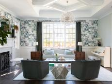 Floral Wallpaper in Living Room, Green Armchairs, Coffered Ceiling
