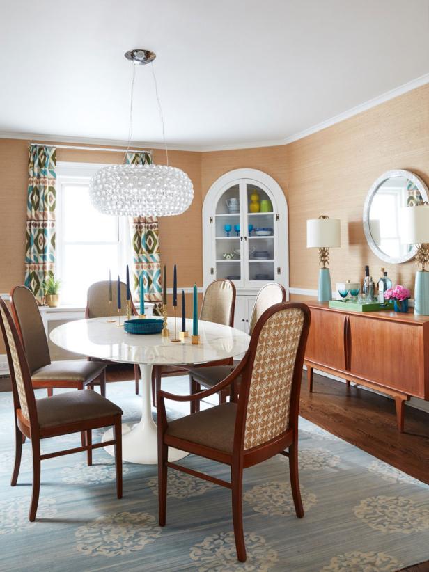 A midcentury peach and blue dining room