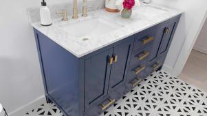 Modern Deep Blue Double Sink Vanity With Gold Handles