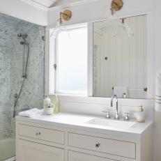 Contemporary White Bathroom With Tiled Shower