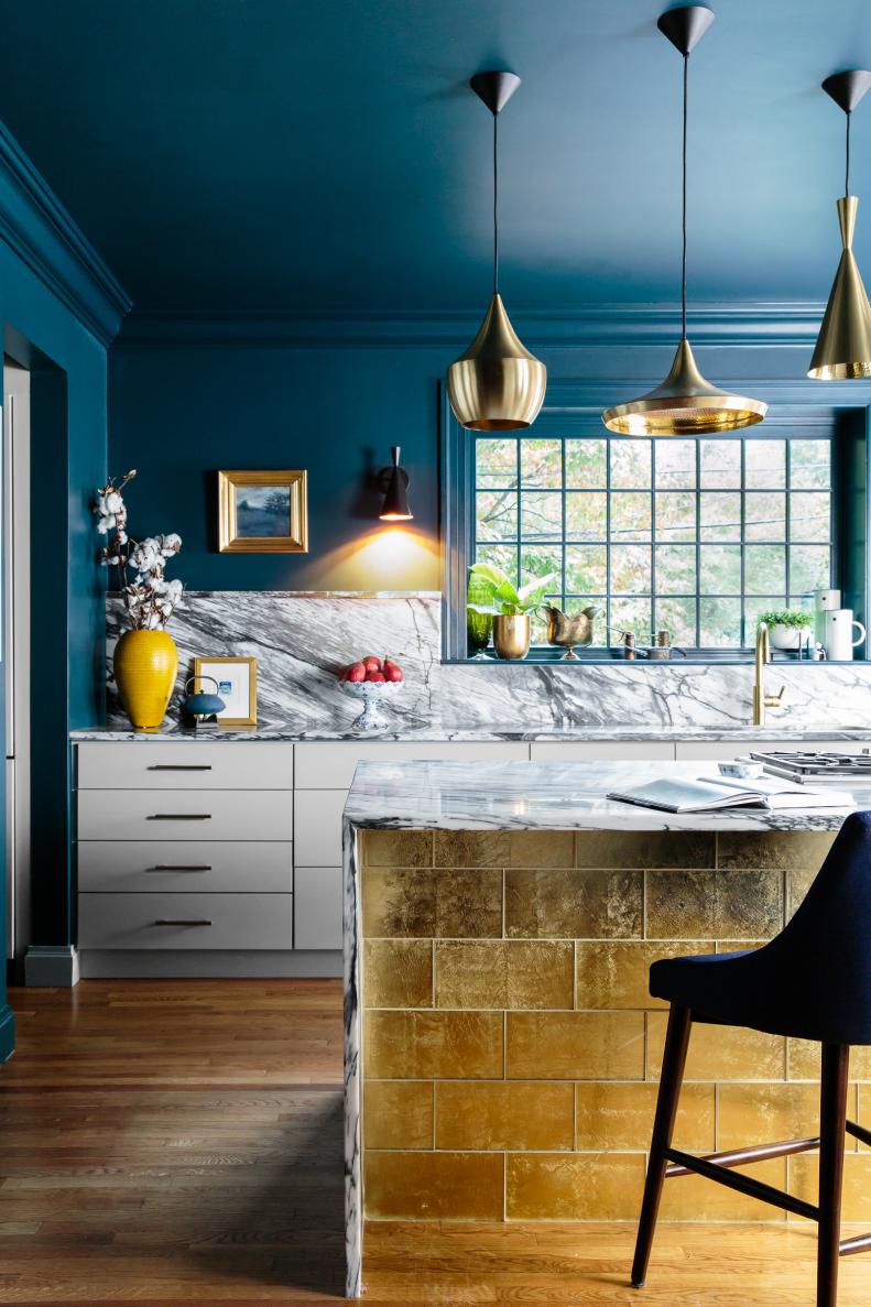 Kitchen With Brass Pendant Lights