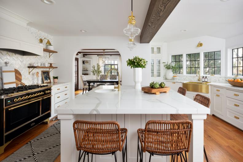 Brass Accents in White Kitchen, Brass Farmhouse Sink, Centered Island