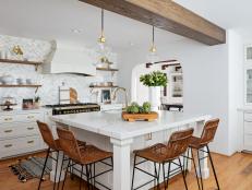 Exposed Beam in Kitchen, Island with Wicker Chairs, Tiled Backsplash