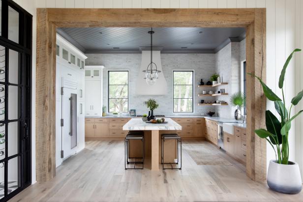 Gray Chef Kitchen With Rustic Beams | HGTV