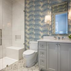 Blue and Gray Small Bathroom With Wallpaper