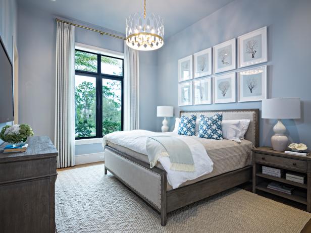 Blue Coastal Bedroom With Crown Pendant | HGTV