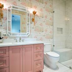 Pink and White Eclectic Bathroom With Flower Sconces