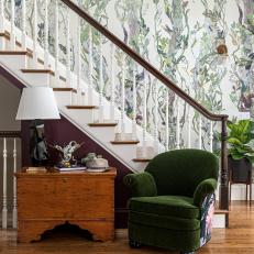 Colorful Eclectic Staircase Entry With Eye-Catching Wallpaper