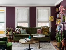 Olive Green Sofa in Deep Purple Living Room