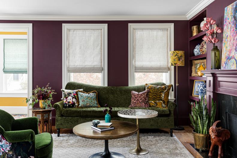 Olive Green Sofa in Deep Purple Living Room