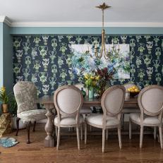 Ocean Blue Dining Room With Striking Wallpaper
