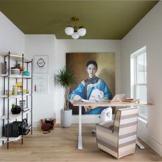 Contemporary Home Office With Olive Green Ceiling and Large-Scale Art 