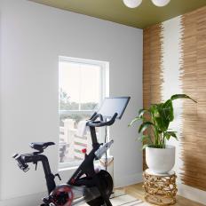 Contemporary Home Office and Exercise Space With Olive Green Ceiling 