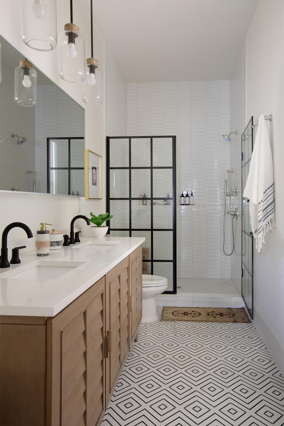 Contemporary Bathroom With Geometric Tile Floor and Bold Black Shower ...