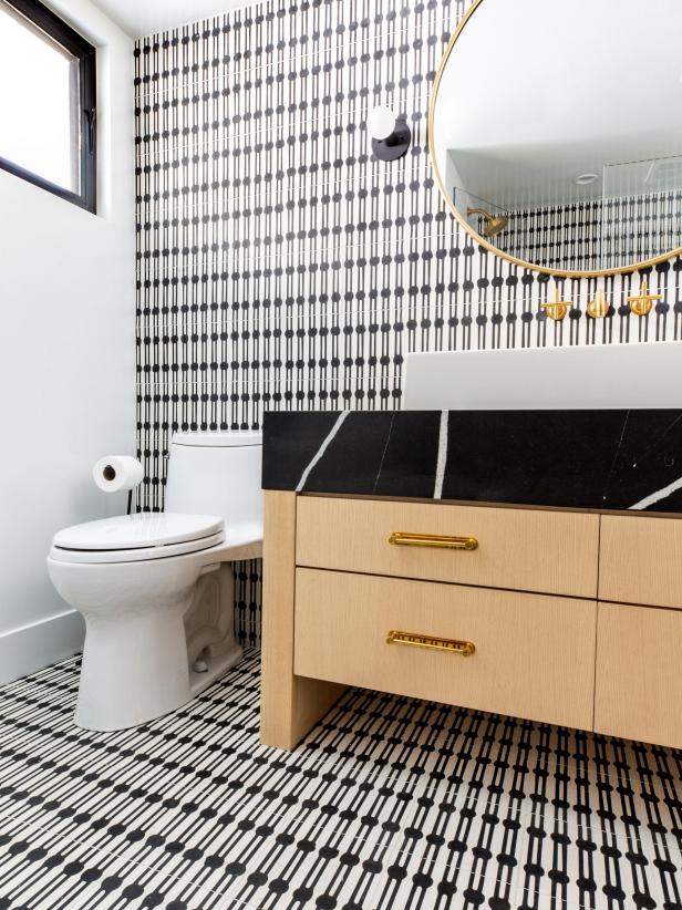 Black And White Bathroom Ideas, Black And White Striped Bathroom Floor Tiles