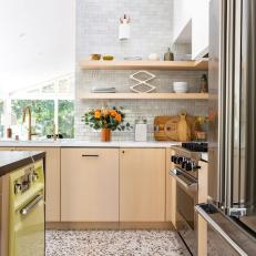 Modern Kitchen Features Vaulted Ceilings and Open Shelving