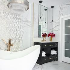 Gray Spa Bathroom With Silver Chandelier