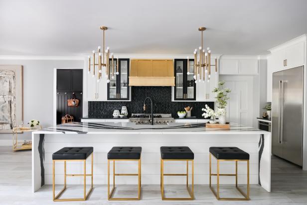 Black and White Kitchen With Striped Countertop