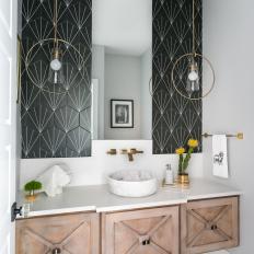Black and White Powder Room With Floating Vanity