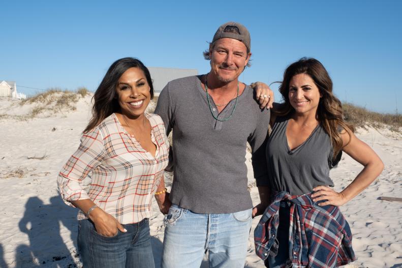 As seen on HGTV's Battle on the Beach, mentors (L to R) Taniya Nayik, Ty Pennington and Alison Victoria on the beach for portraits.  (Talent)