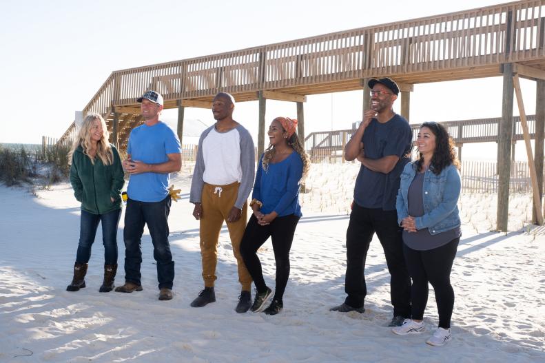 As seen on HGTV's Battle on the Beach, the contestants are presented with the next challenge by the mentors.  In this challenge, teams will have 5 minutes to talk with their contractor and communicate a design plan for a bonus room.  (Challenge Day)