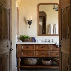 Tranquil Mediterranean Style Bathroom With Impressive Hand Carved Double Doors