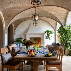 Impressionable Covered Patio With Brick Vaulted Ceilings and Mediterranean Dining Set 