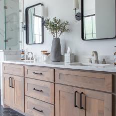 Transitional Bathroom With Black Slim Mirrors