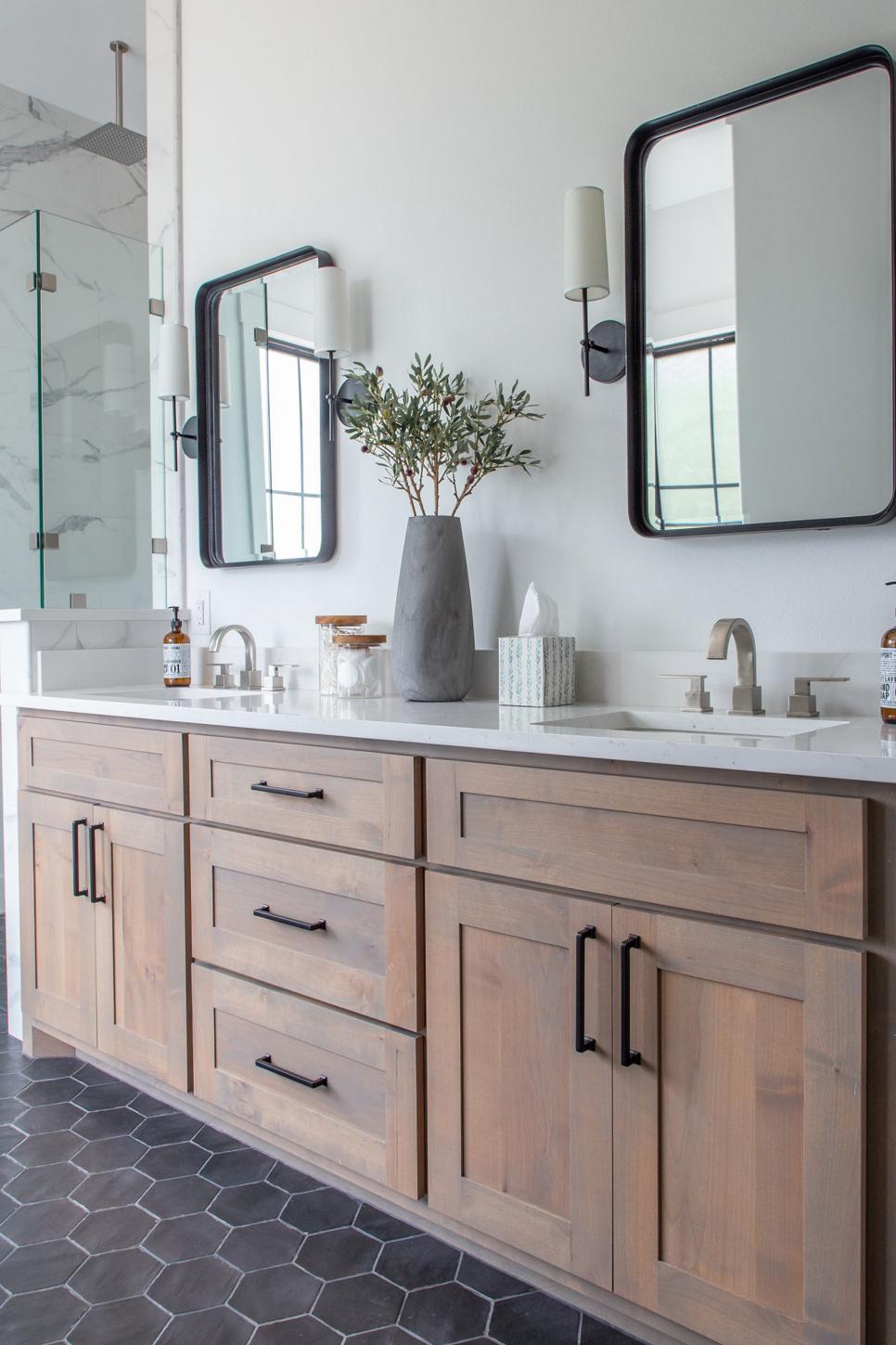 Transitional Bathroom With Black Slim Mirrors | HGTV