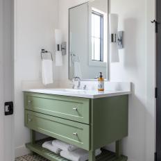 Contemporary Powder Room With Green Vanity