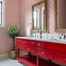 Red and White Coastal Bathroom With Tree