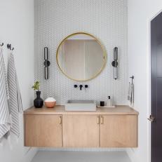 Contemporary White Bathroom With White Chevron Tile and Floating Vanity 