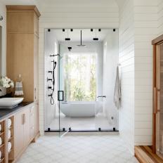 Contemporary White Bathroom With Soaking Tub and Sauna